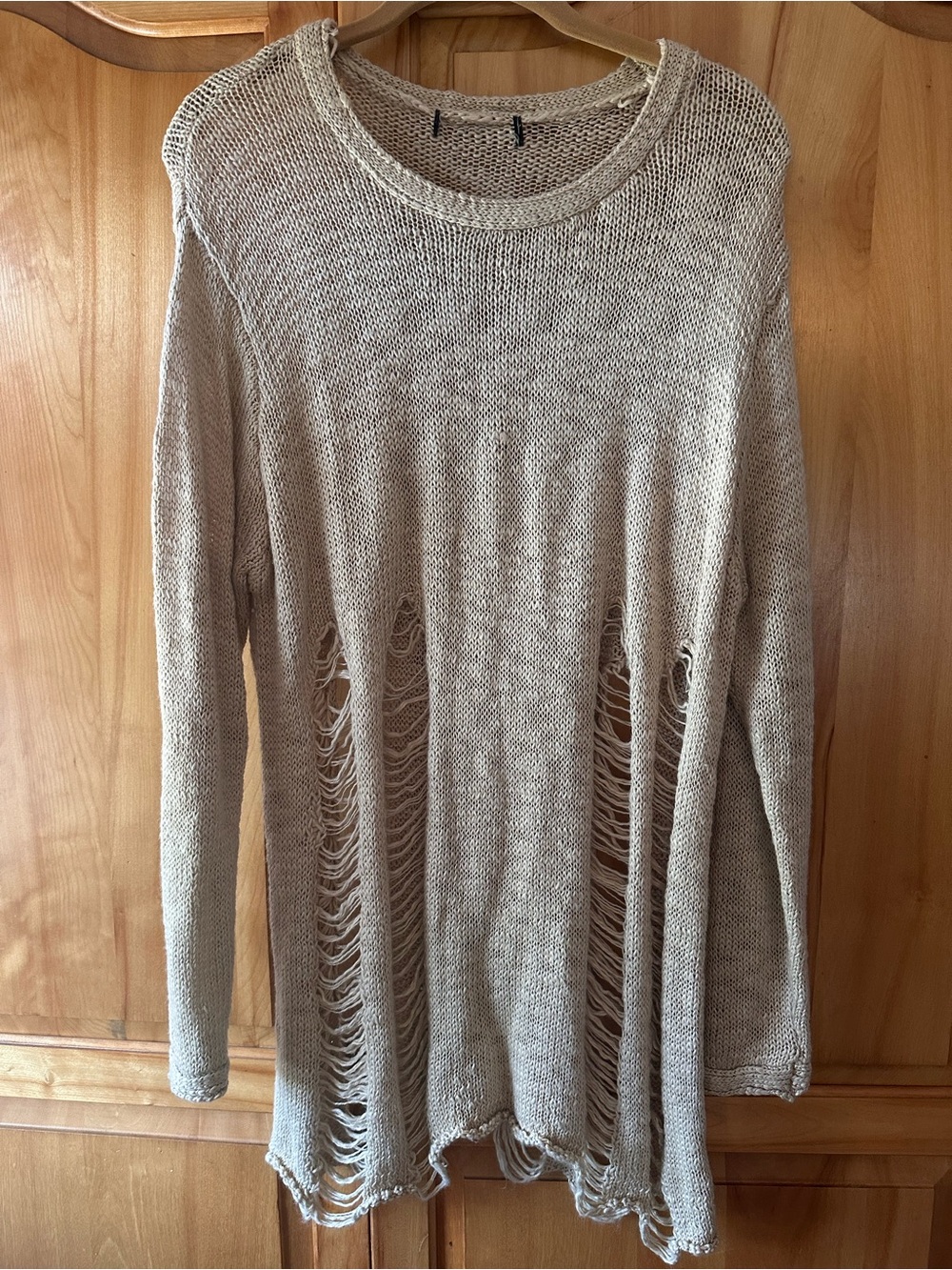 Forever 21 Distressed Beige Scoop Neck Knit Sweater